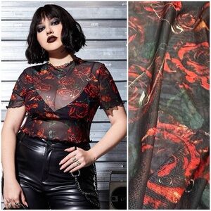 NWT Romwe Punk Red Roses + Pins Printed Sheer Mesh Lettuce Edged Tee Crop Top